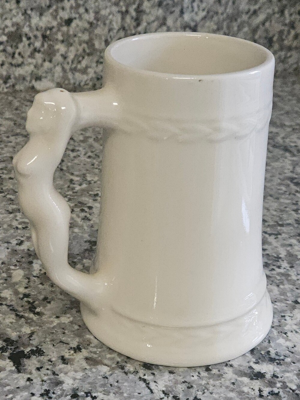 White Vintage Ceramic Tankard Beer Stein Mug with Nude Female Figurine Handle